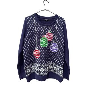 Light up  Womens Ugly‎ Christmas Sweater Ornaments Snowflake Knit Navy Blue L/G